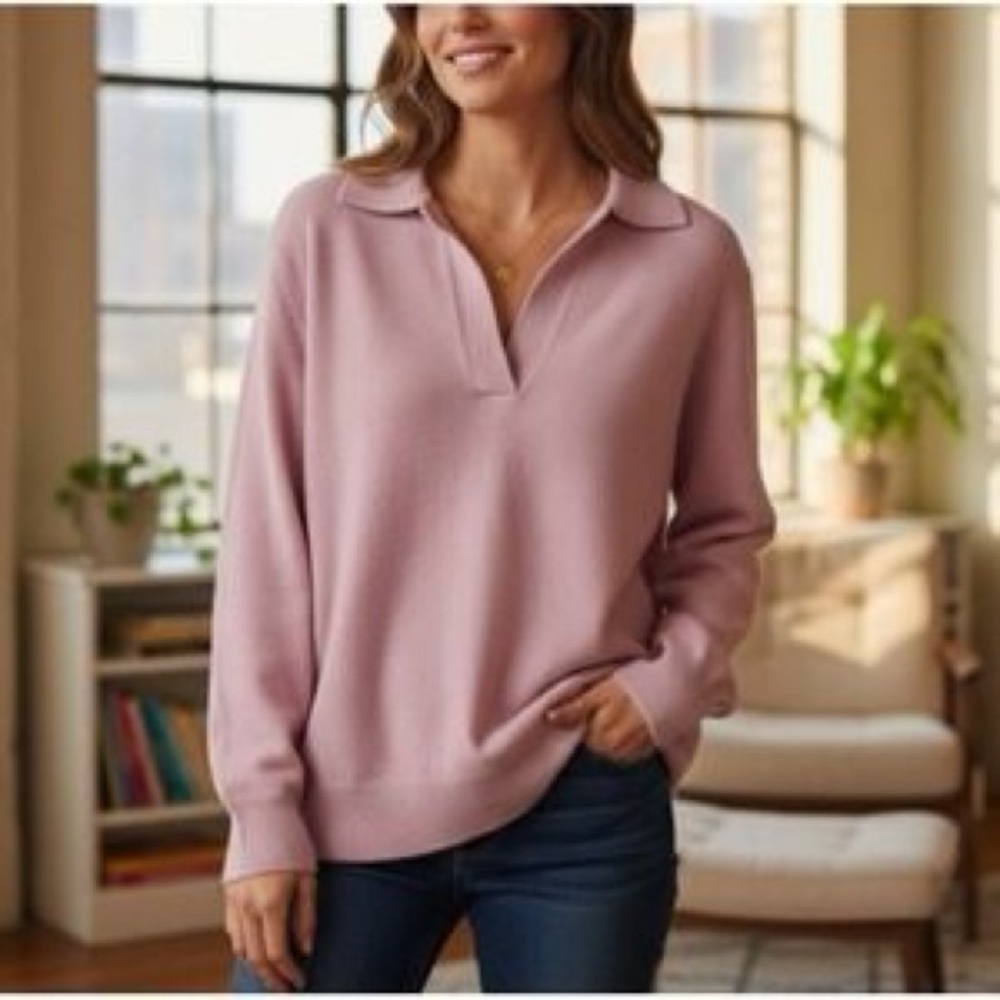 Aritzia The Group by Babaton Blush Merino Wool Collared V-Neck Sweater Small